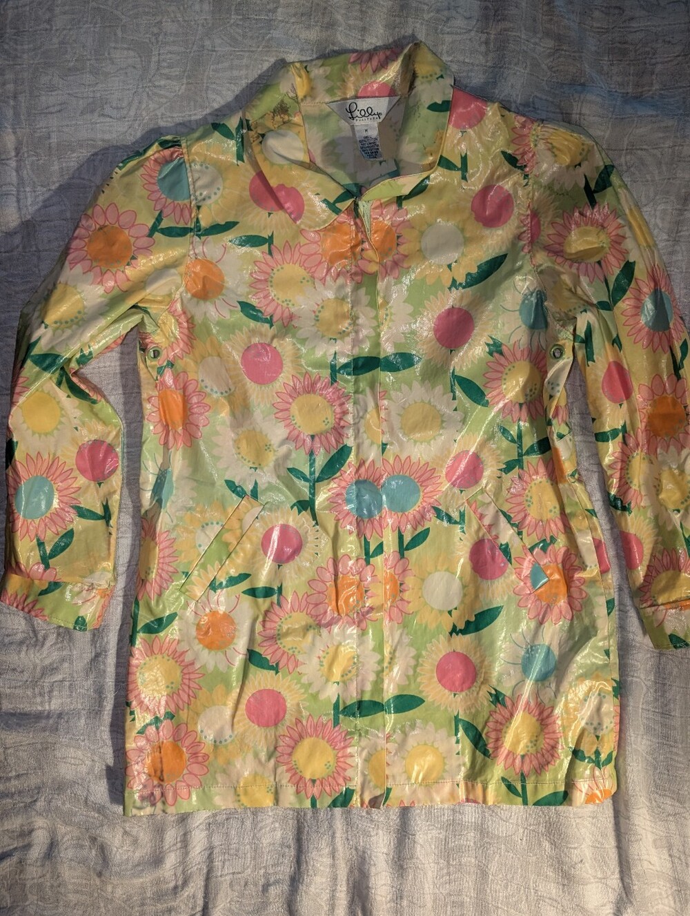 Lilly Pulitzer Vintage Yellow Floral Rain Trench Coat Jacket Girls Medium 6